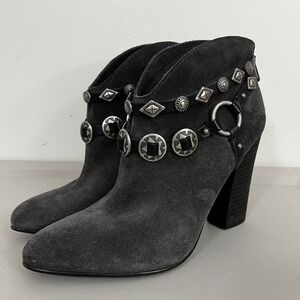 Belle Sigerson Morrison‎ Sz 9 Suede Western Ankle Boots Gray Medallions Cowgirl